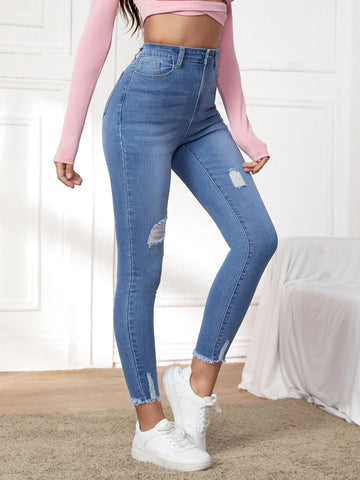 High Waist Ripped Raw Hem Skinny Jeans