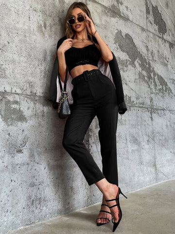 Solid Belted Tapered Pants