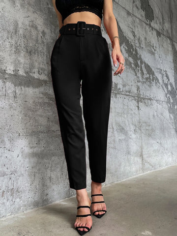 Solid Belted Tapered Pants