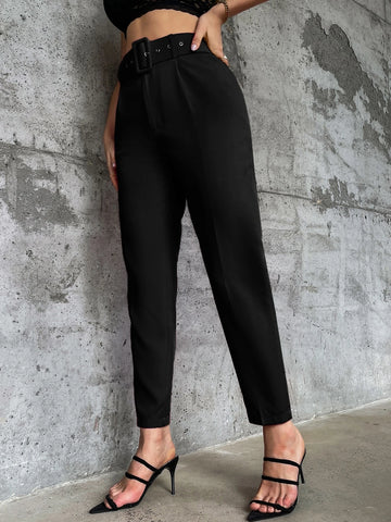 Solid Belted Tapered Pants