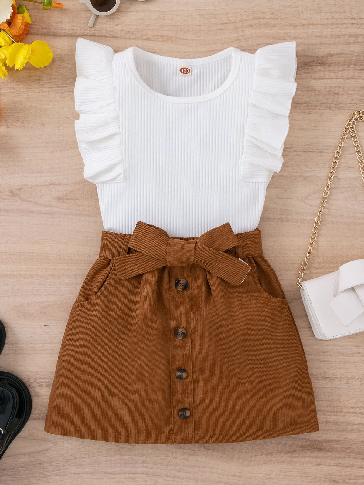 Girls Ruffle Trim Top & Belted Skirt