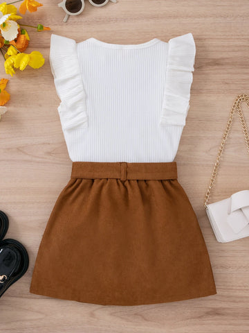 Girls Ruffle Trim Top & Belted Skirt