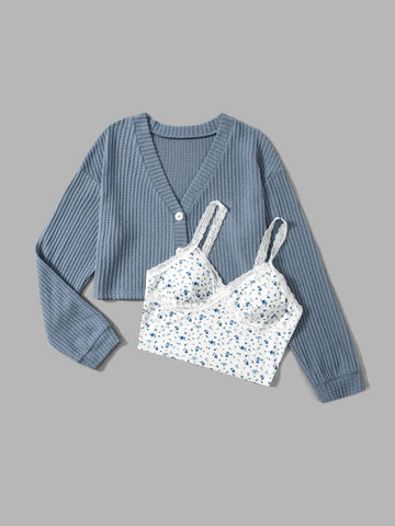 ROMWE Sweetness Ditsy Floral Cami Top & Button Front Tee