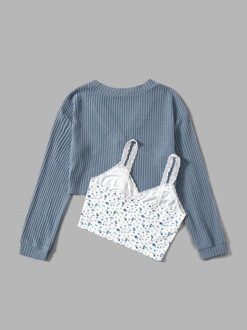 ROMWE Sweetness Ditsy Floral Cami Top & Button Front Tee