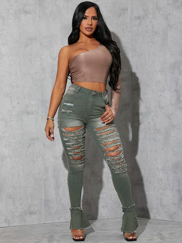 Ripped Raw Hem Ruffle Detail Jeans