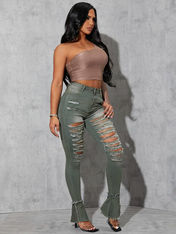 Ripped Raw Hem Ruffle Detail Jeans