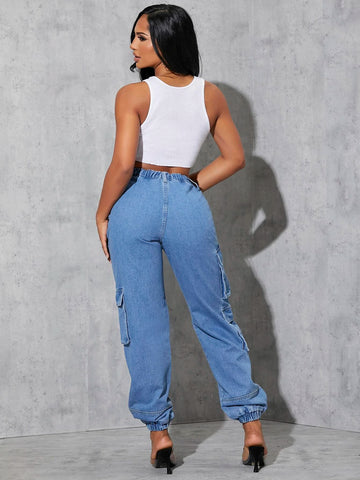 SXY High Waist Flap Pocket Cargo Jeans