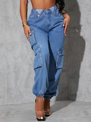 SXY High Waist Flap Pocket Cargo Jeans