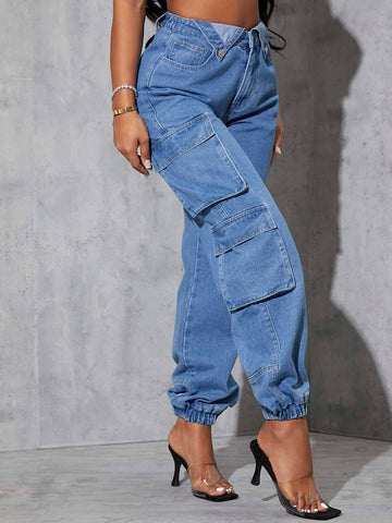 SXY High Waist Flap Pocket Cargo Jeans