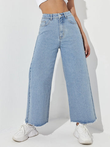 Zipper Fly Raw Hem Wide Leg Jeans