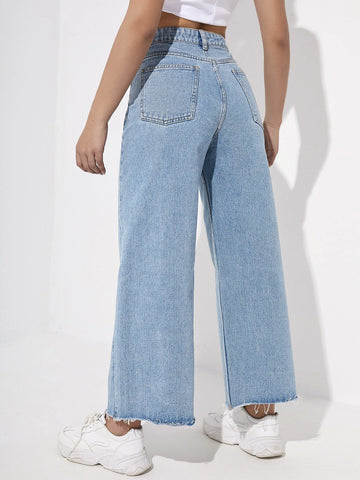 Zipper Fly Raw Hem Wide Leg Jeans