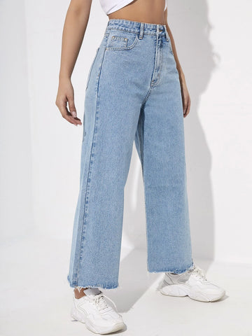 Zipper Fly Raw Hem Wide Leg Jeans