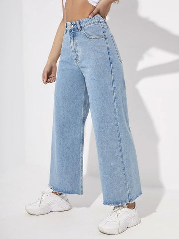 Zipper Fly Raw Hem Wide Leg Jeans