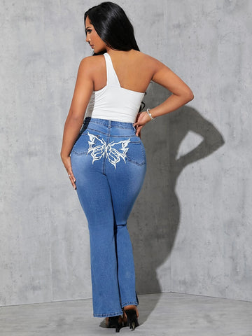 Butterfly Print Ripped Slit Hem Flare Leg Jeans