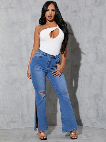 Butterfly Print Ripped Slit Hem Flare Leg Jeans