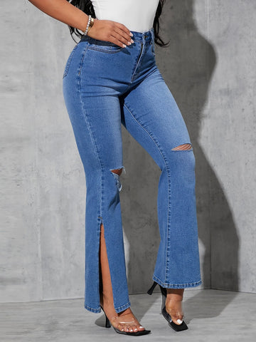 Butterfly Print Ripped Slit Hem Flare Leg Jeans