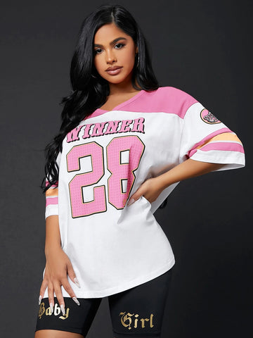 Colorblock & Letter Graphic Drop Shoulder Longline Tee