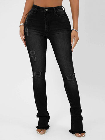 SXY High Waist Ripped Raw Hem Skinny Jeans