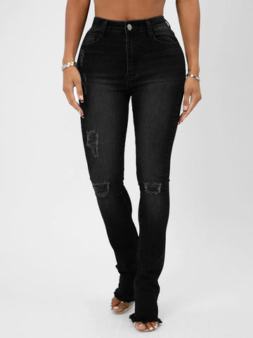 SXY High Waist Ripped Raw Hem Skinny Jeans