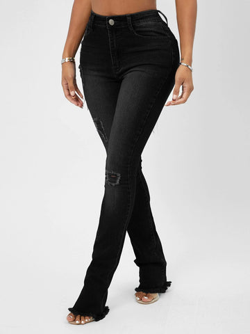 SXY High Waist Ripped Raw Hem Skinny Jeans