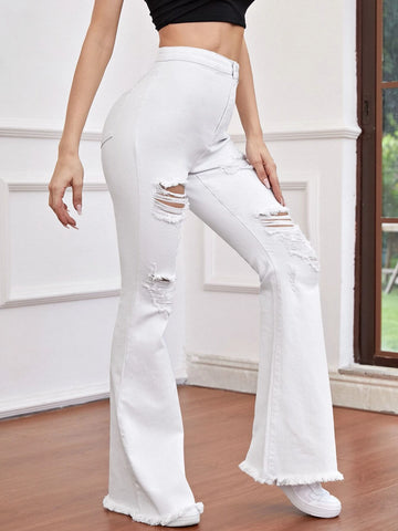 High Waist Ripped Detail Flare Leg Jeans