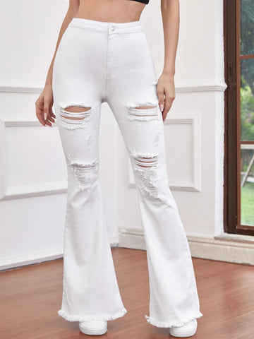 High Waist Ripped Detail Flare Leg Jeans
