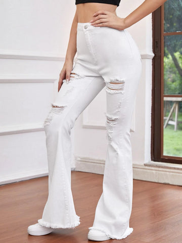 High Waist Ripped Detail Flare Leg Jeans