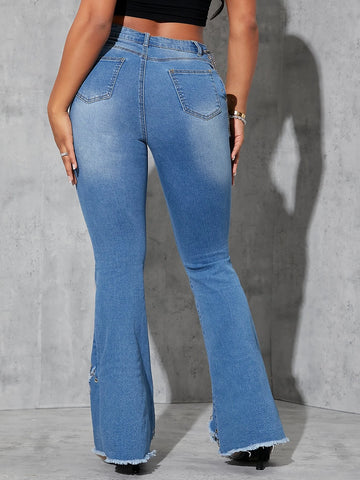 High Waist Ripped Criss Cross Chain Ring Raw Hem Flare Leg Jeans
