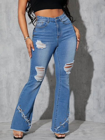 High Waist Ripped Criss Cross Chain Ring Raw Hem Flare Leg Jeans