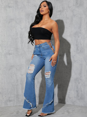High Waist Ripped Criss Cross Chain Ring Raw Hem Flare Leg Jeans