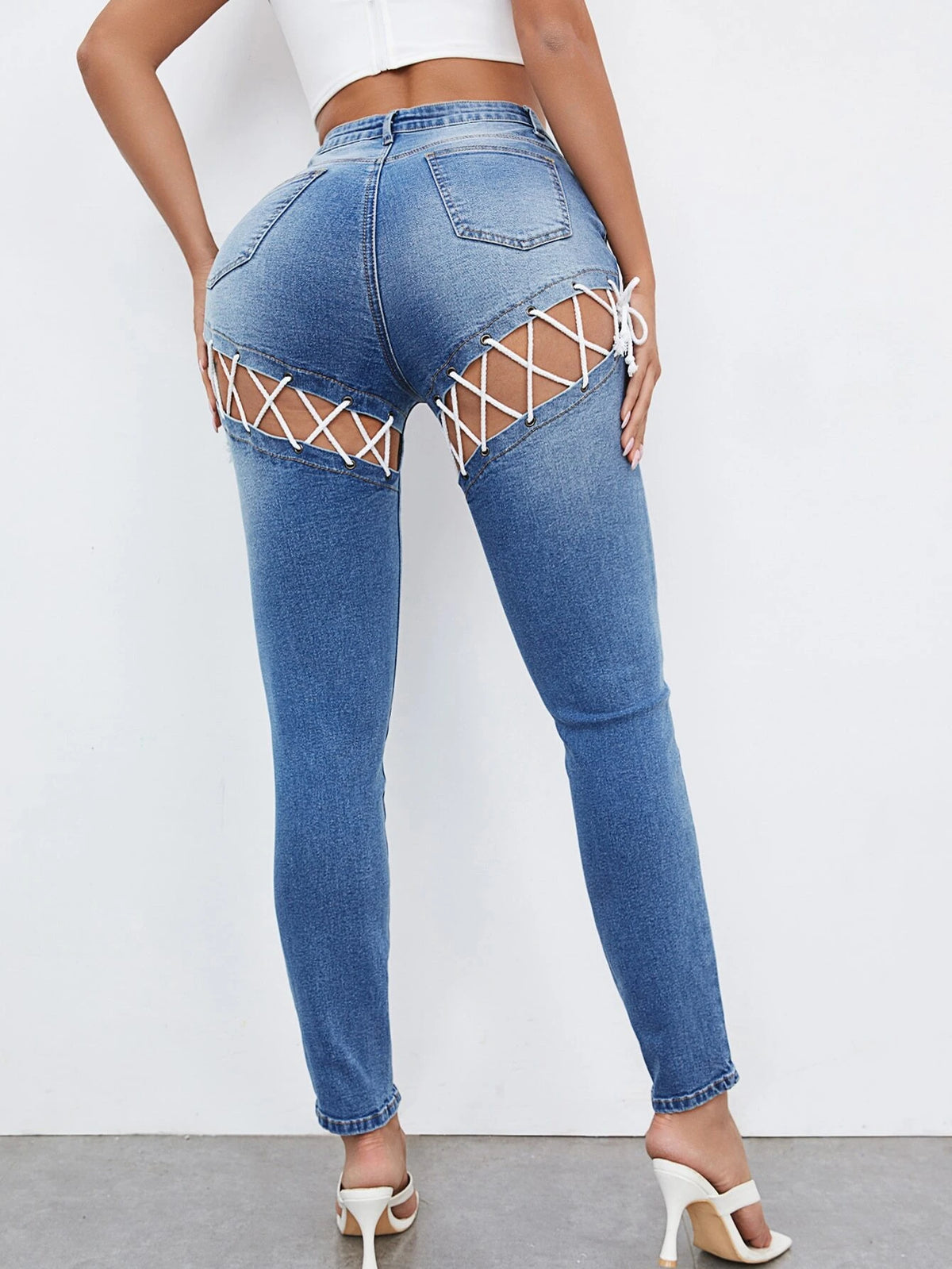 Lace Up Cutout Back Skinny Jeans