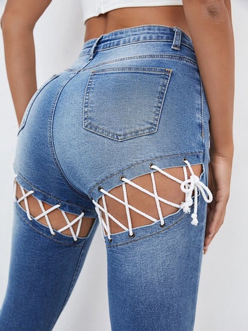 Lace Up Cutout Back Skinny Jeans