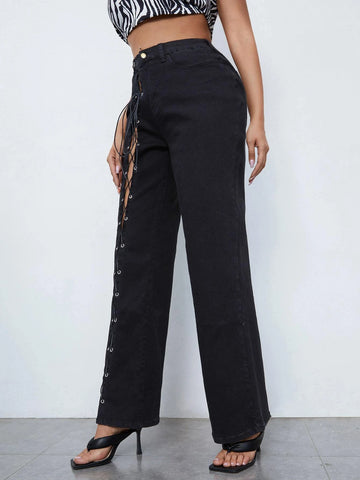 Lace Up Straight Leg Jeans