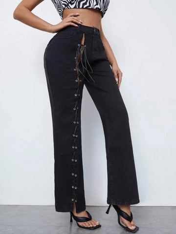 Lace Up Straight Leg Jeans