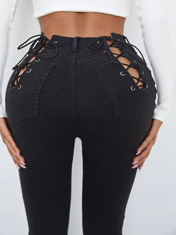 High Waisted Lace Up Back Jeans
