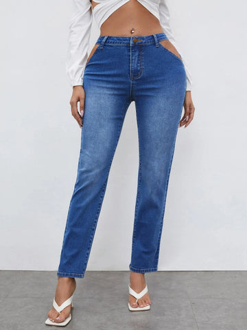 Bleach Wash Cut-out Mom Jeans