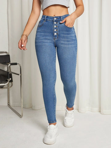 Button Detail Skinny Jeans