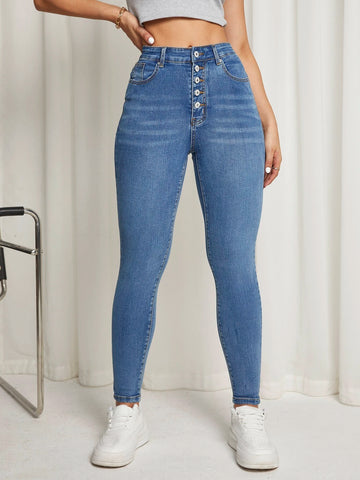 Button Detail Skinny Jeans