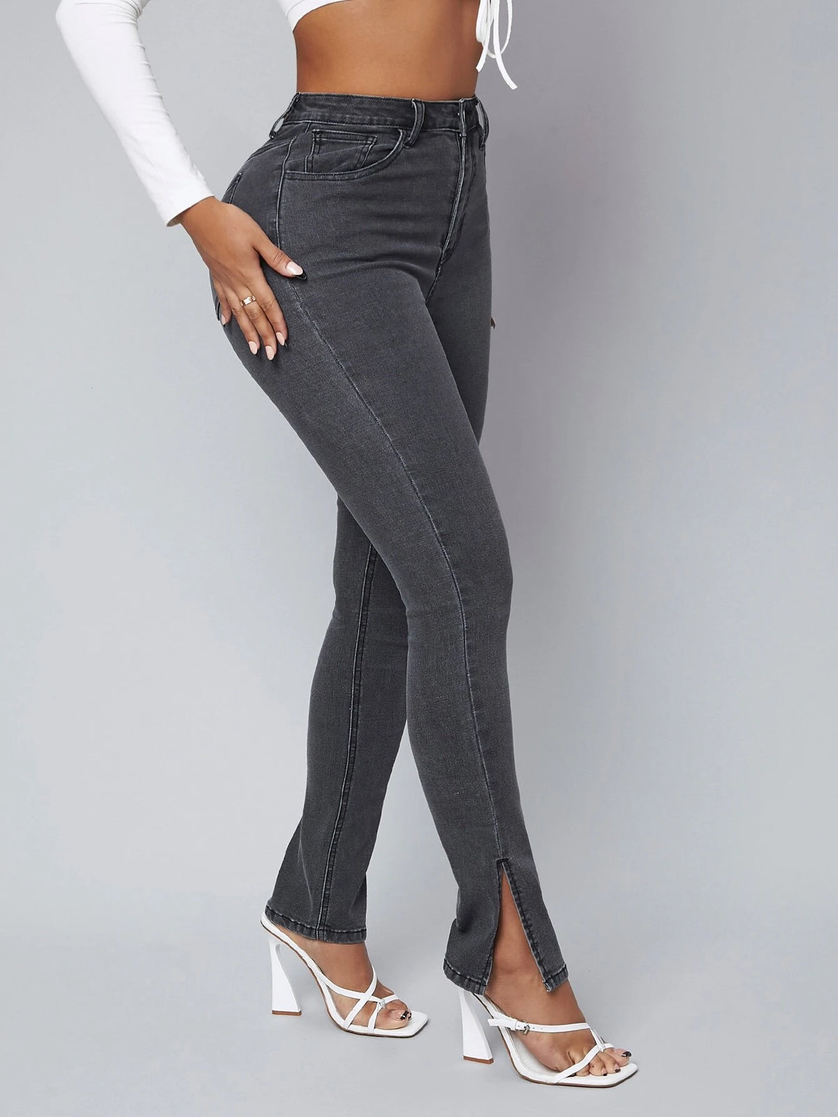 SXY High Waist Slit Hem Skinny Jeans