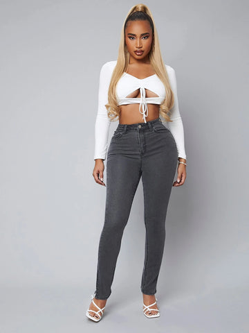 SXY High Waist Slit Hem Skinny Jeans