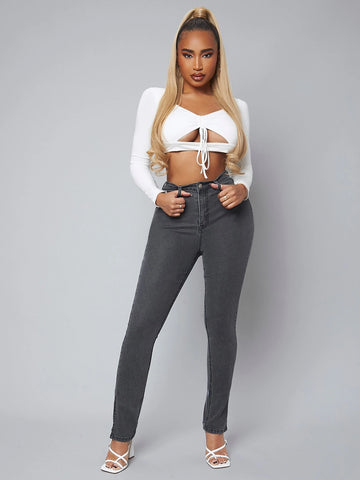 SXY High Waist Slit Hem Skinny Jeans