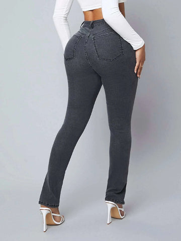 SXY High Waist Slit Hem Skinny Jeans