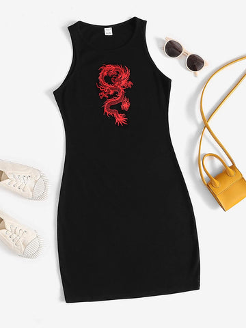 Teen Girls Chinese Dragon Print Dress