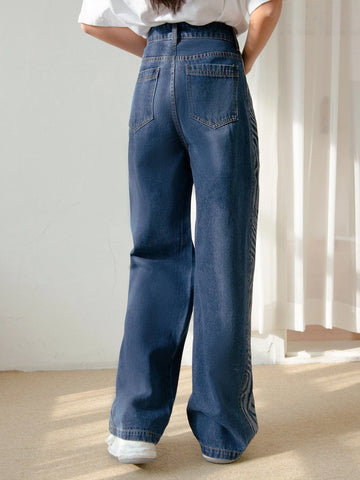 DAZY High Waist Zebra Striped Side Seam Wide Leg Jeans