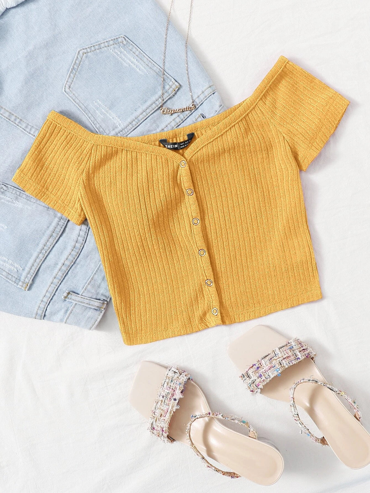 Unity Off Shoulder Buttoned Front Rib-knit Top