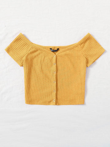 Unity Off Shoulder Buttoned Front Rib-knit Top
