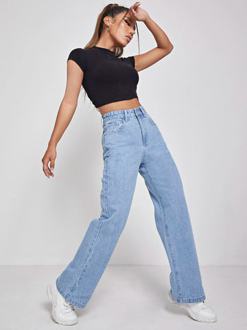PETITE High Waisted Zip Fly Wide Leg Jeans