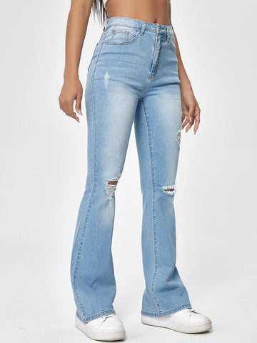 High Waisted Ripped Bootcut Jeans