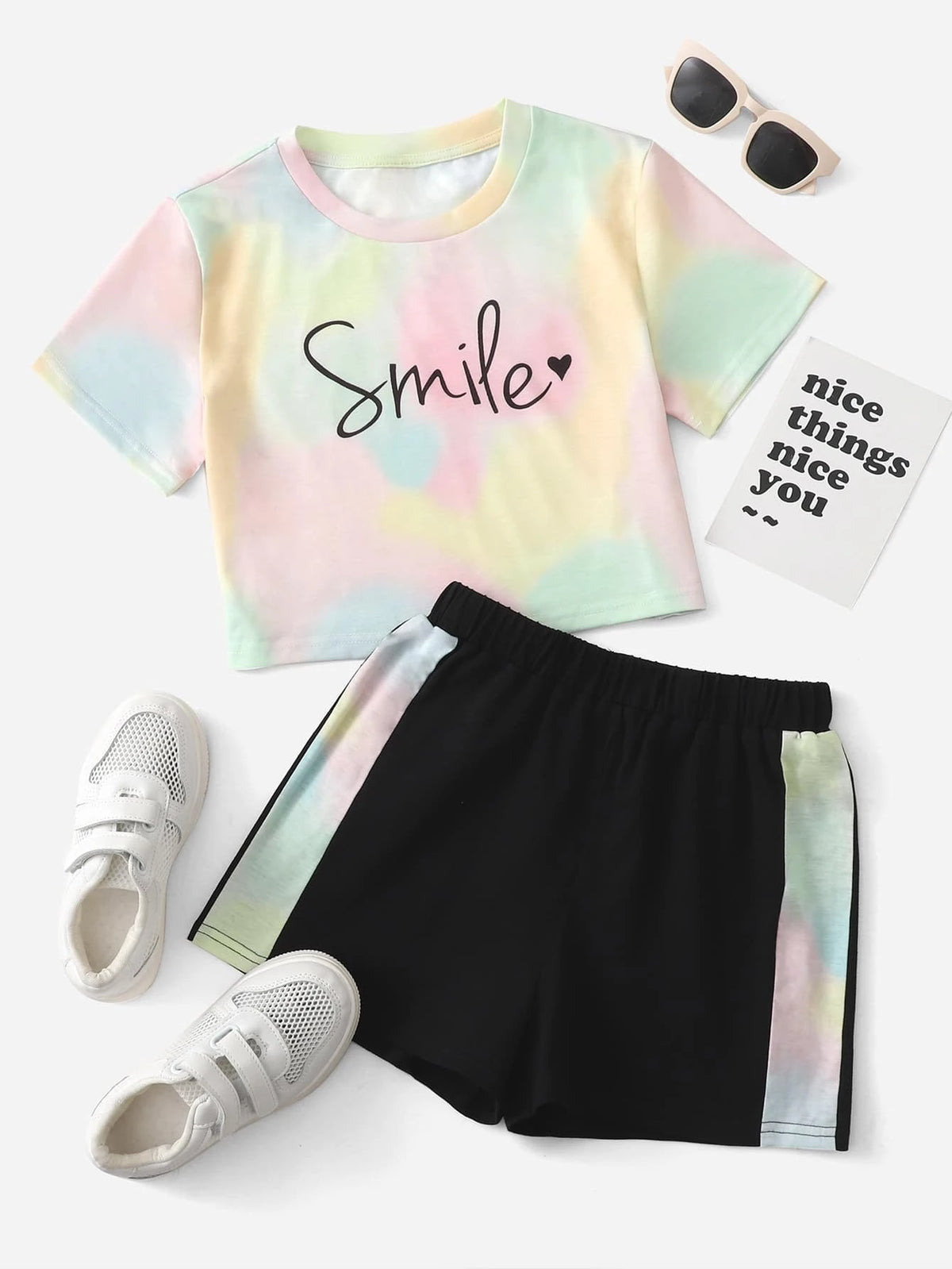 Girls Tie Dye & Letter Graphic Tee & Shorts Set