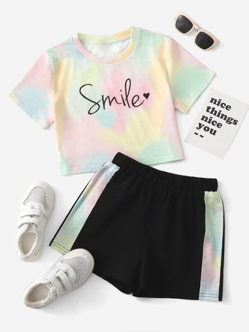 Girls Tie Dye & Letter Graphic Tee & Shorts Set